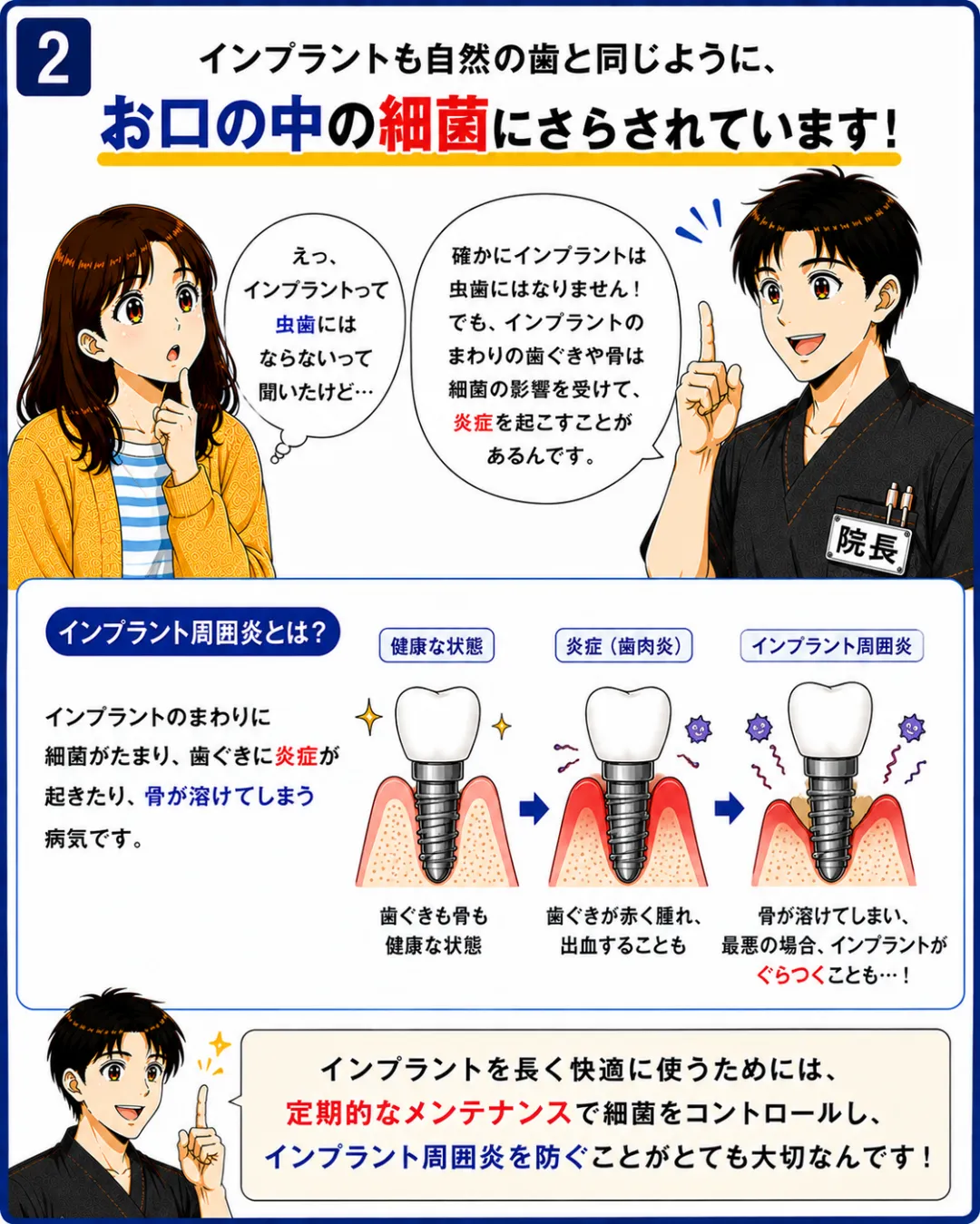 インプラントを長く使うためには治療後も定期的なメンテナンスと毎日のセルフケアが重要です