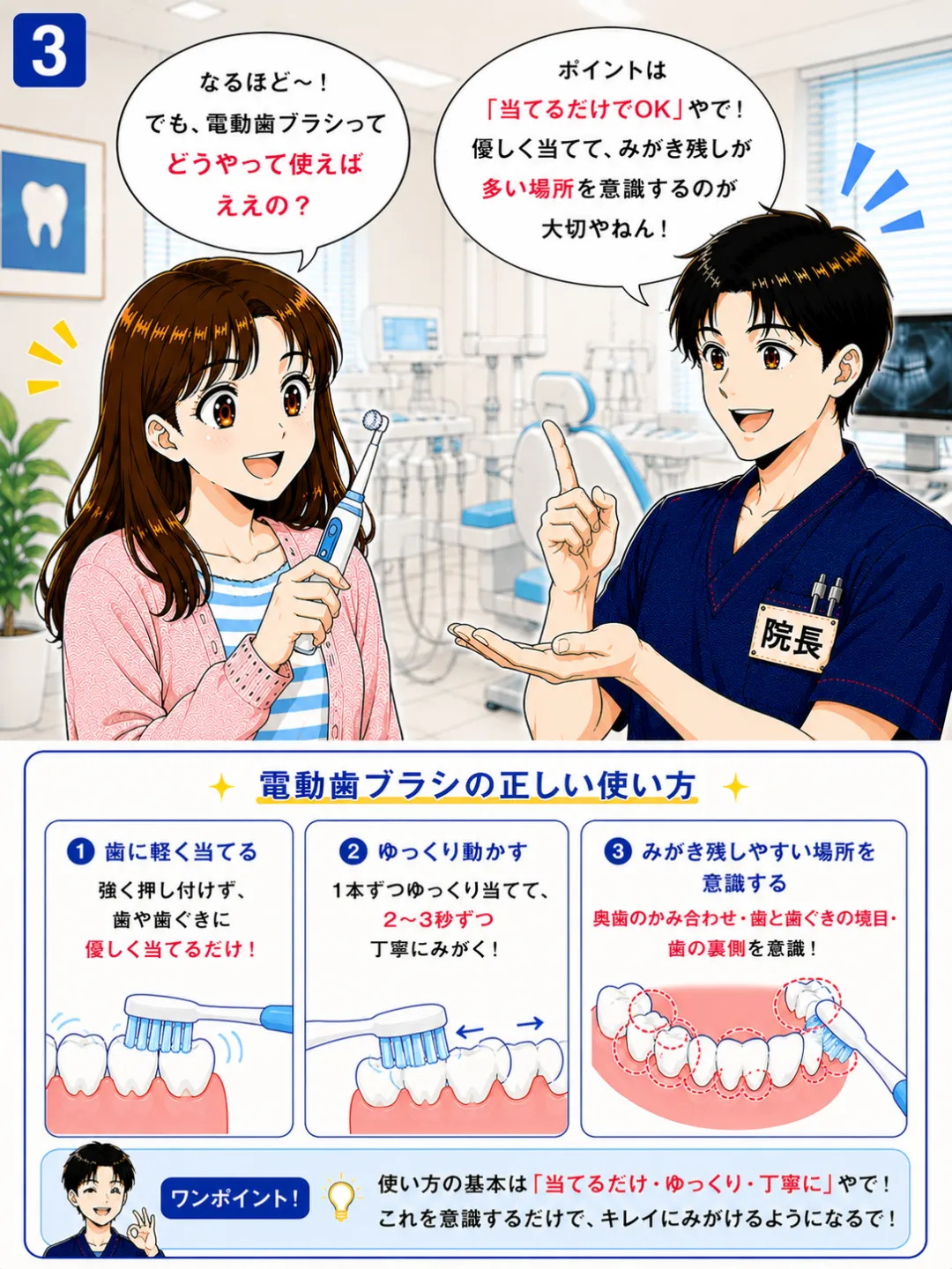 電動歯ブラシは歯や歯ぐきに強く押し付けず適切な位置に当てながら少しずつ移動させて使用します