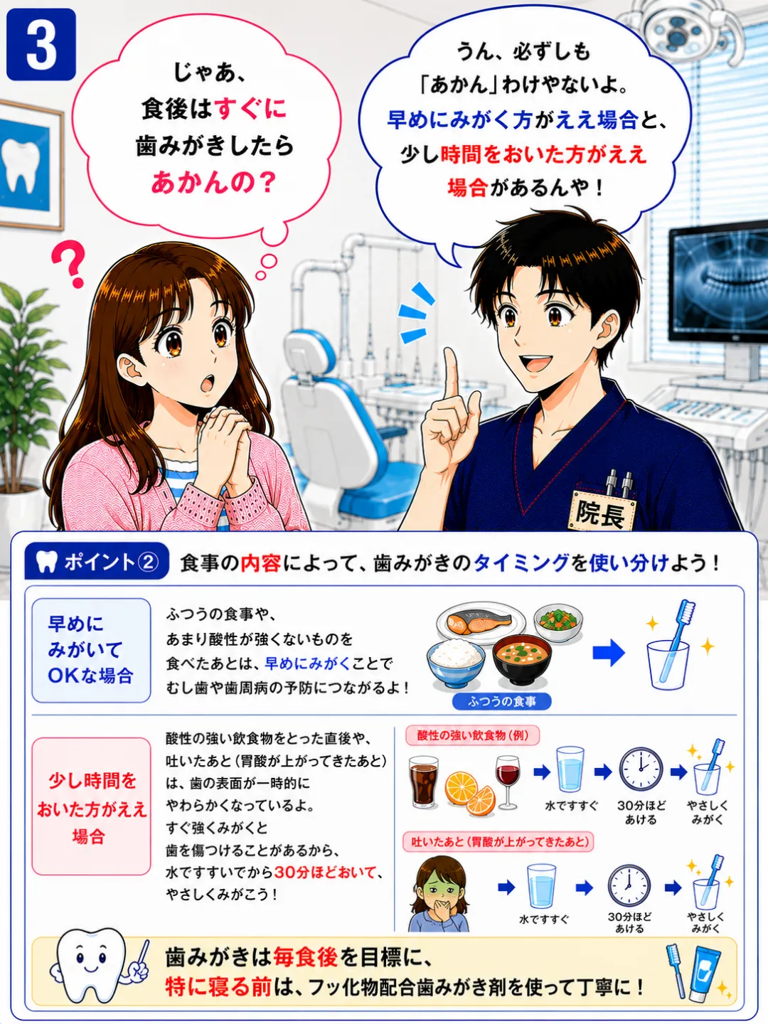 通常の食事後は早めに歯磨きし酸性の強い飲食物の後などは少し時間をあけて磨く方法を解説