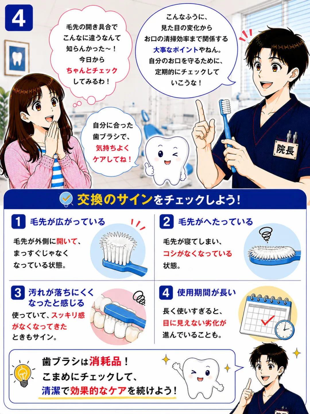 歯ブラシの毛先の広がりやへたり使用期間などを確認して定期的に交換することが大切です