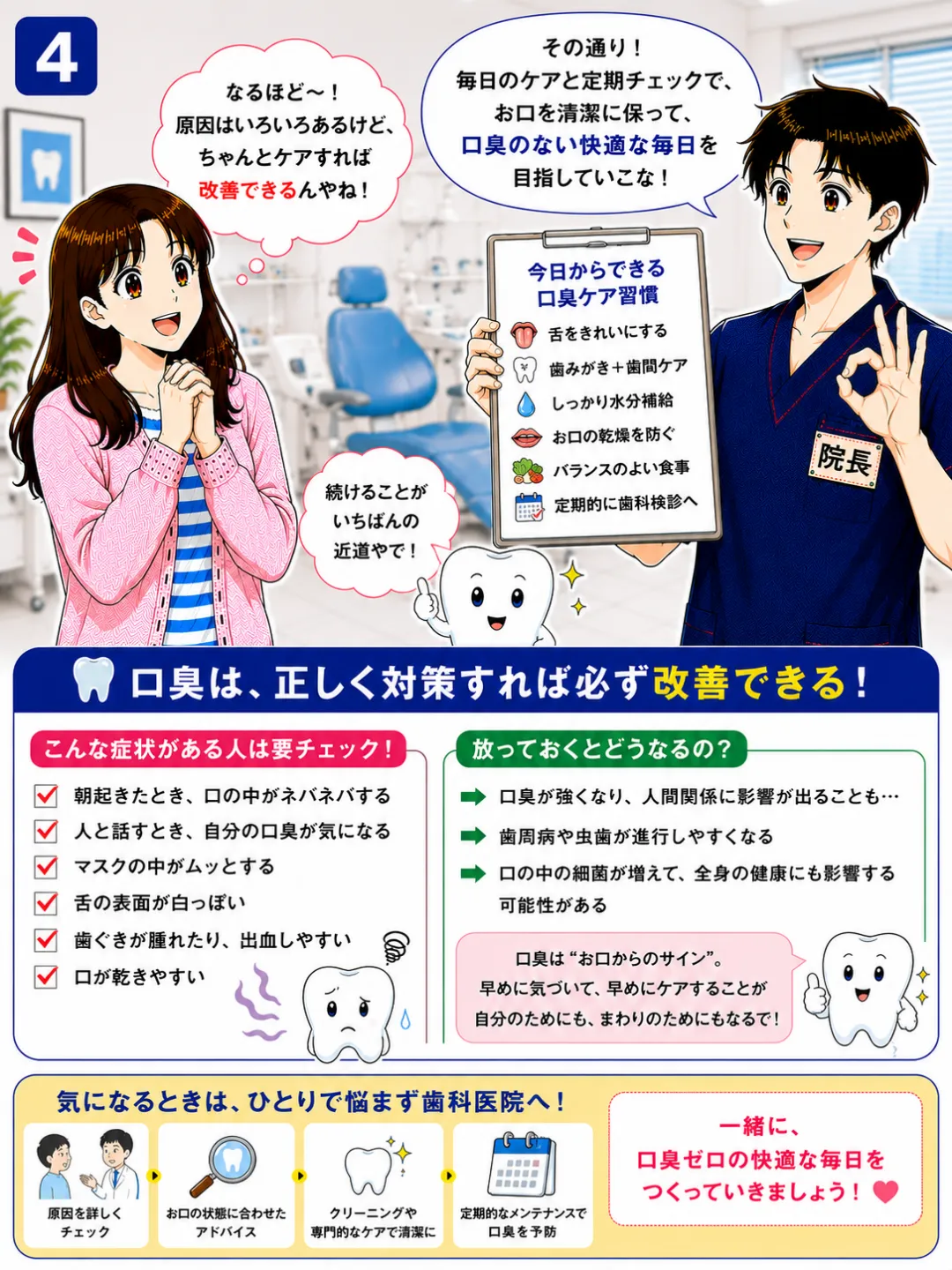 口臭対策では舌の清掃や歯磨き、歯間清掃、水分補給、歯科医院での定期的なチェックが大切です