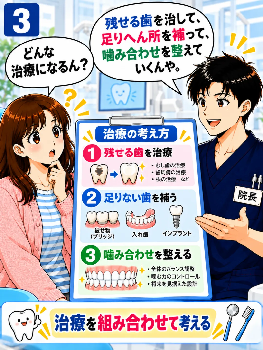 残せる歯を治療し、失った歯を補って噛み合わせを整える治療方法を説明する歯科医師