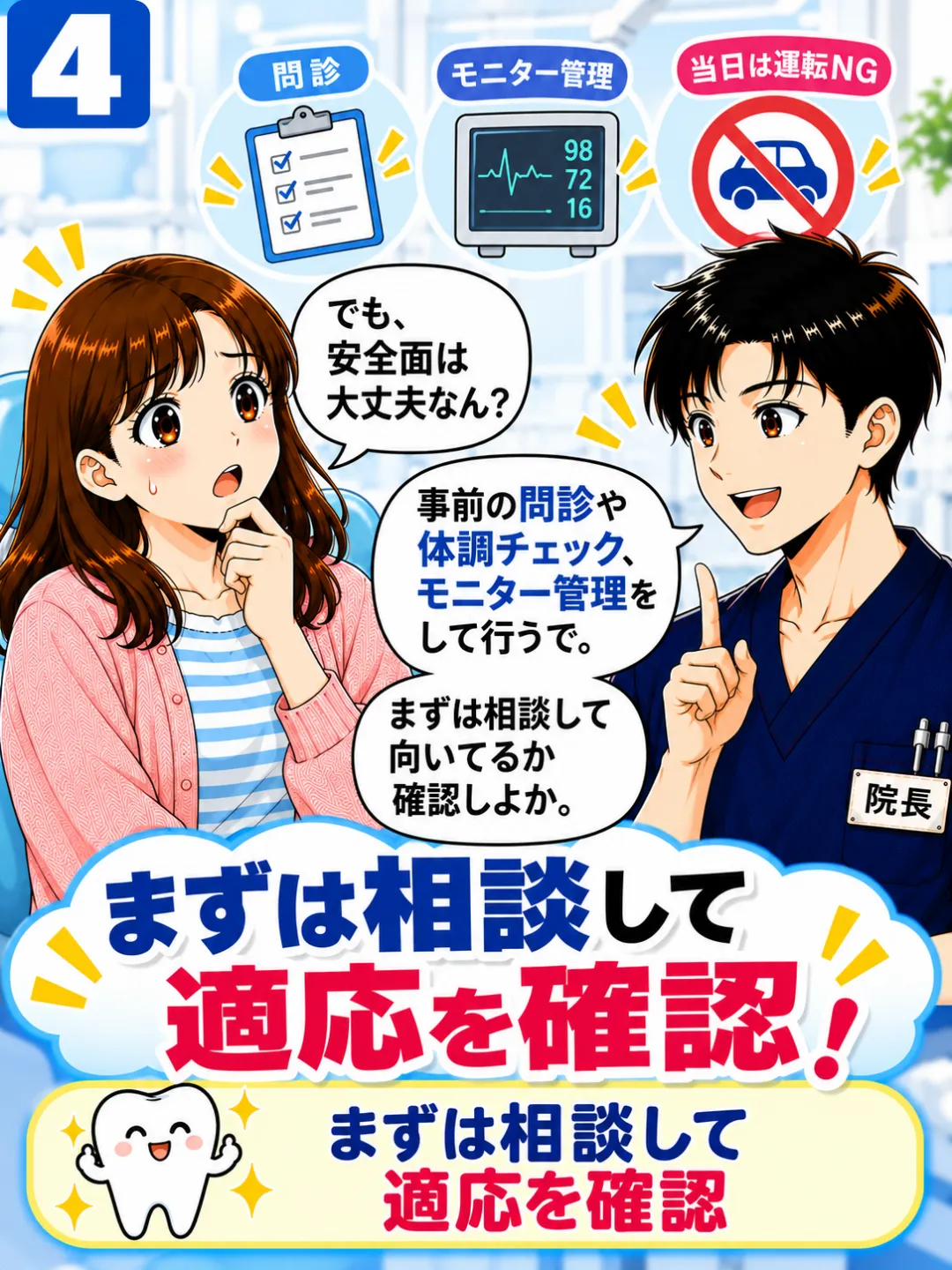 静脈内鎮静法を問診や体調確認とモニター管理のもとで行うことを説明する歯科医師