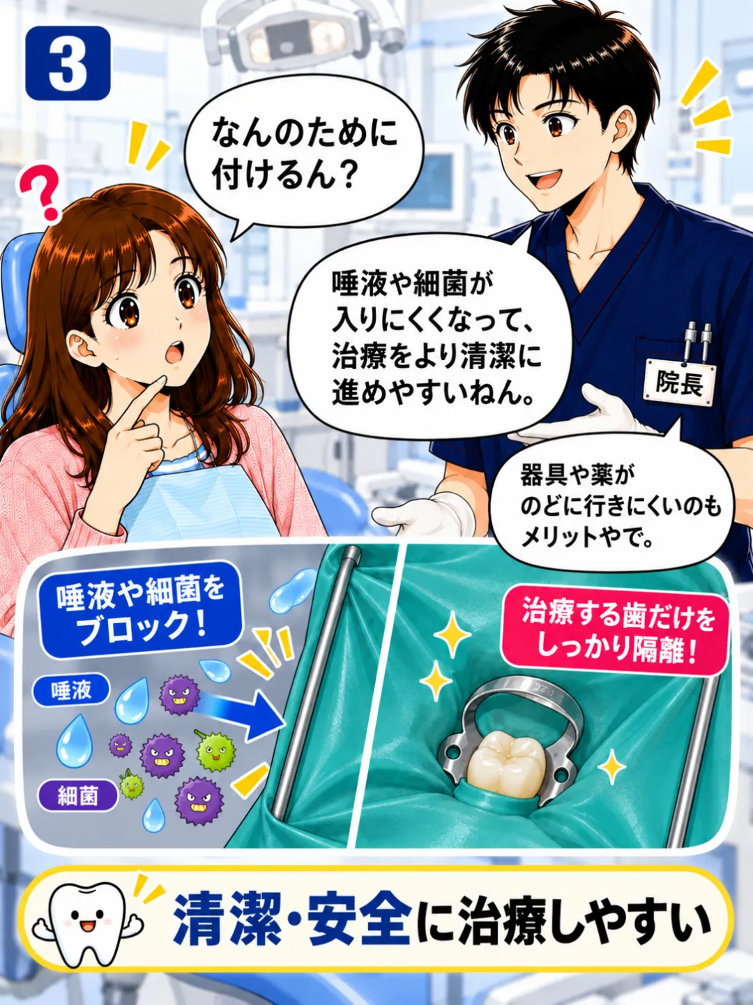 ラバーダムで唾液や細菌の侵入を防ぎ器具や薬液から口の中を守る根管治療の説明