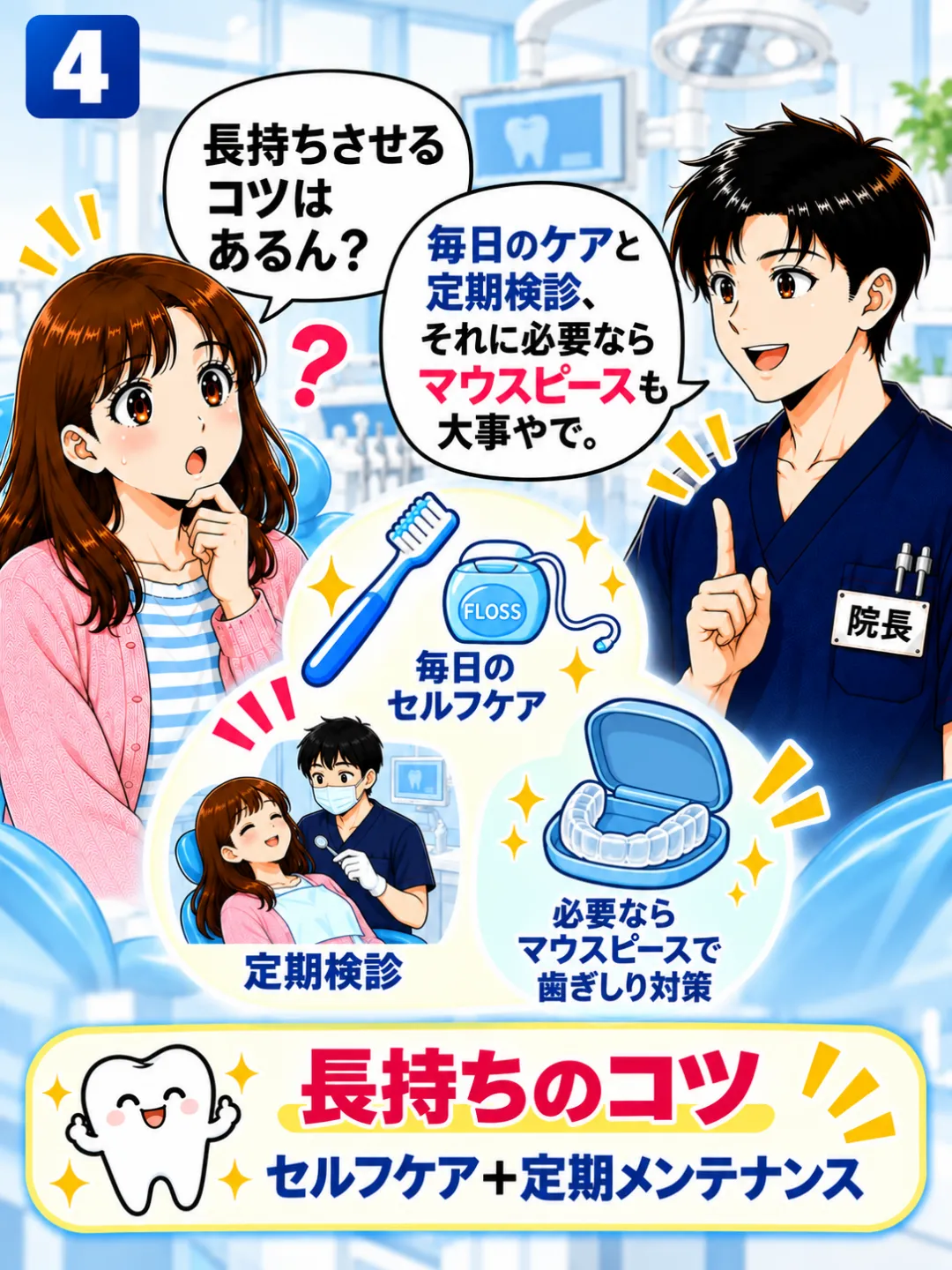 被せ物を長持ちさせるため毎日の歯磨き・定期検診・必要に応じたマウスピースを説明する歯科医師
