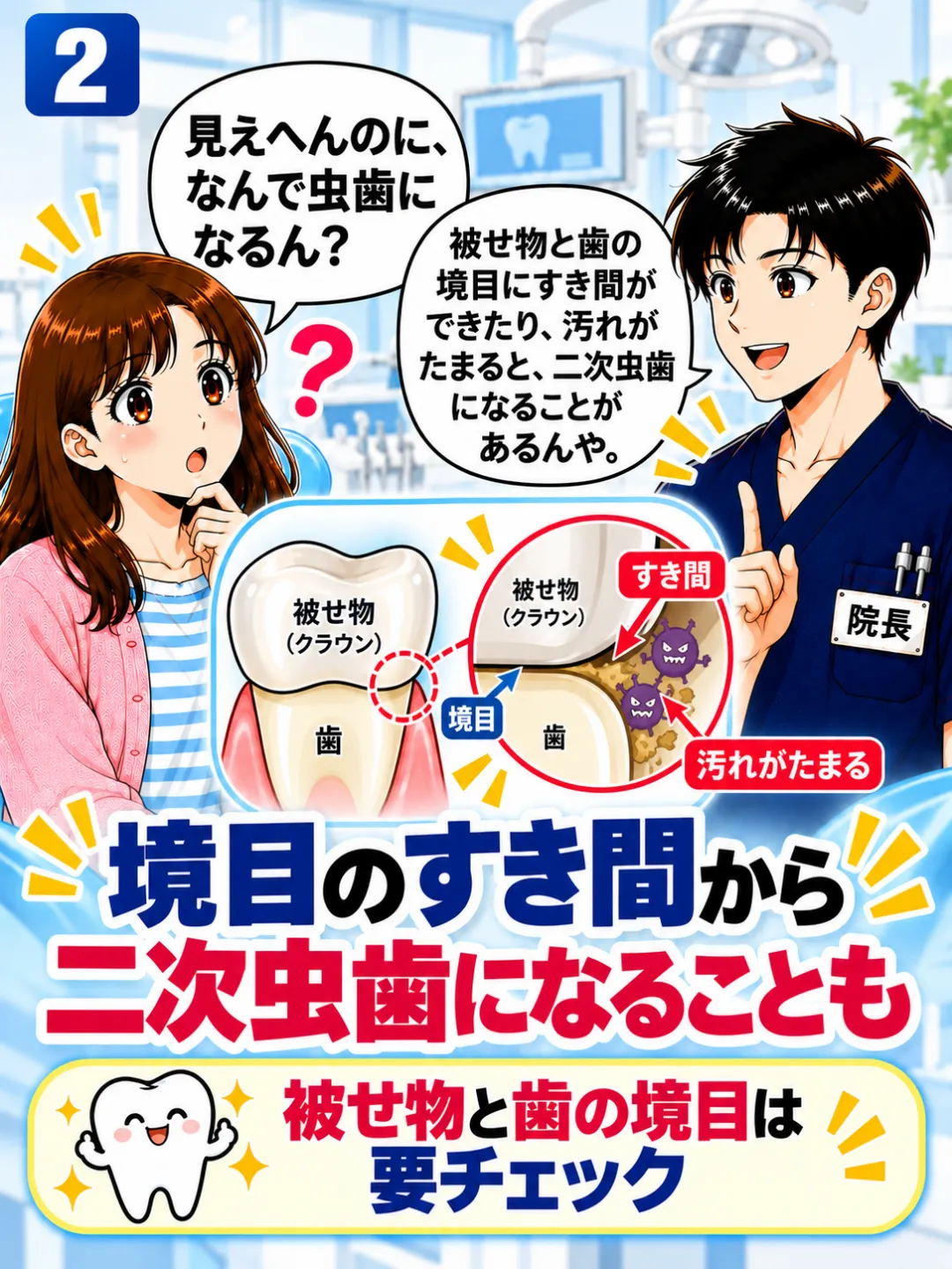 被せ物と歯の境目のすき間や汚れから二次虫歯になる仕組みを説明する歯科医師