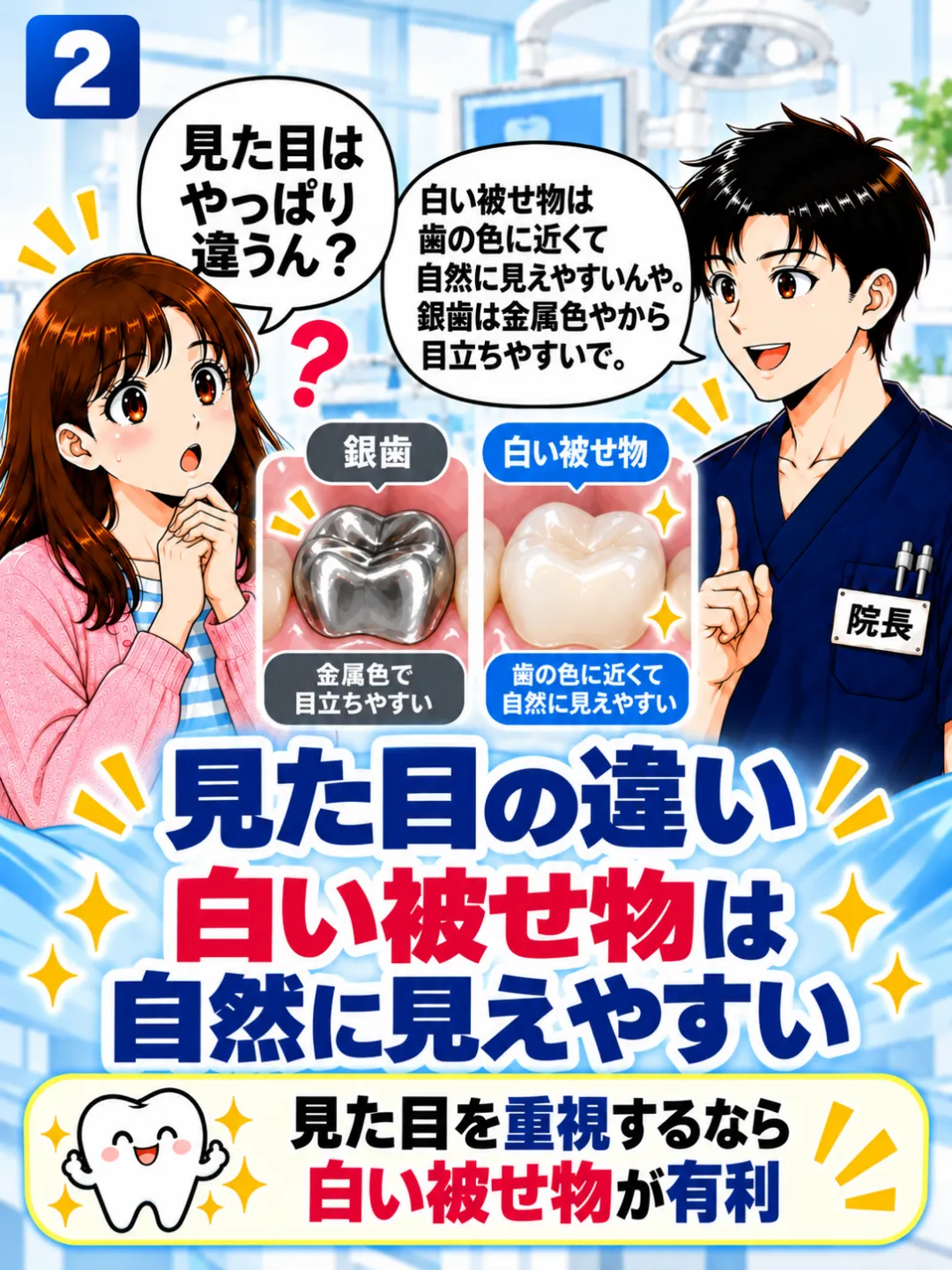 銀歯と白い被せ物の見た目の違いを比較し白い被せ物は自然に見えやすいと説明する歯科医師