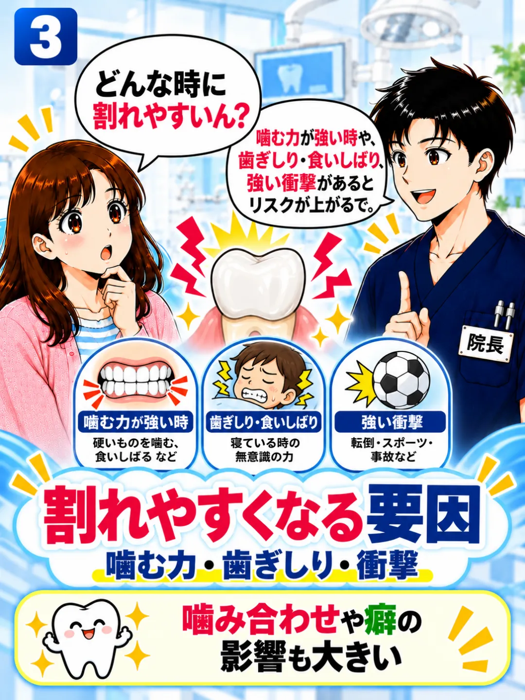 強い噛む力・歯ぎしり・食いしばり・衝撃がセラミック破折のリスクになると説明する歯科医師