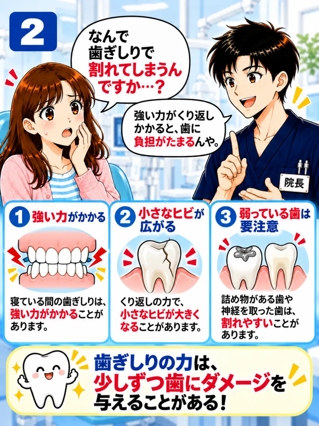 歯ぎしりの強い力が繰り返しかかることで歯の小さなヒビが広がり割れることがあると説明する歯科医師