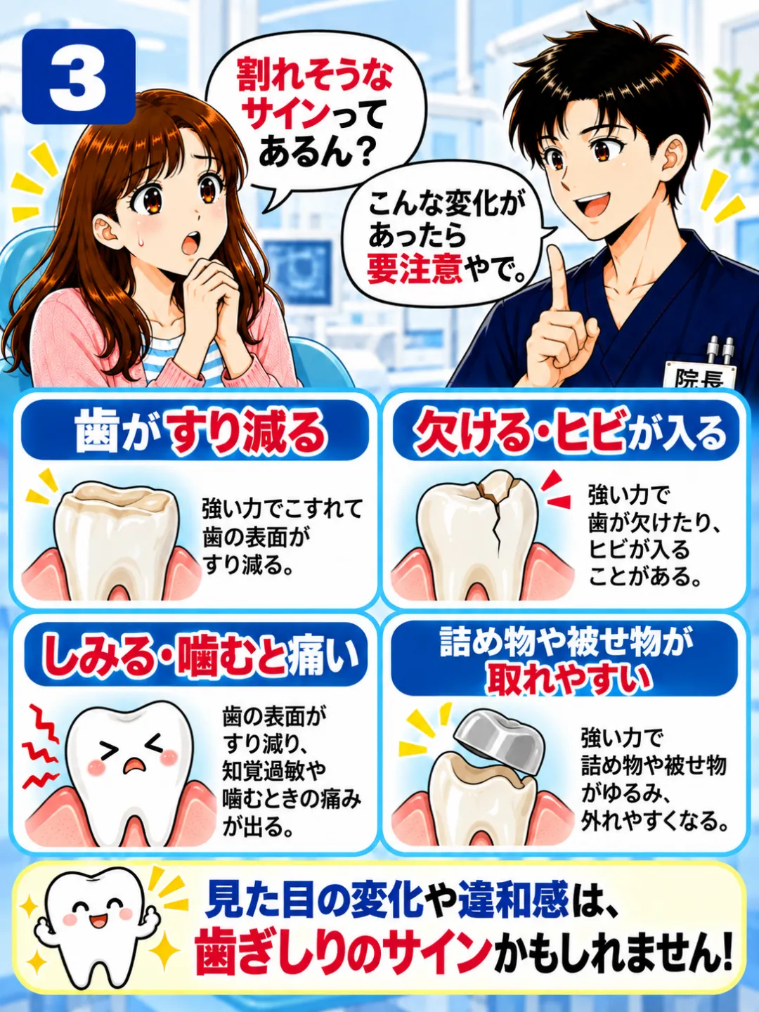 歯ぎしりによる歯のすり減り・欠け・ヒビ・しみる症状・詰め物や被せ物の脱離を説明する歯科医師